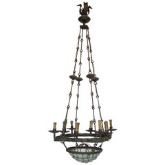 Antique 19th Century Gaudi Style Iron Chandelier with Rock Crystal Bowl