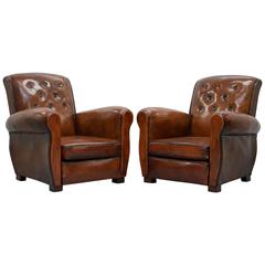 Antique Pair of Restored Edwardian French Brown Leather Chesterfield Club Armchairs