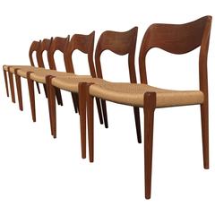 Set of Six J.L. Møller Model 71 Dining Chairs by Niels Møller, Teak, Papercord