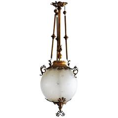 Antique French Art Nouveau Crystal Gas Lighting circa 1870 Converted to Electric Pendant