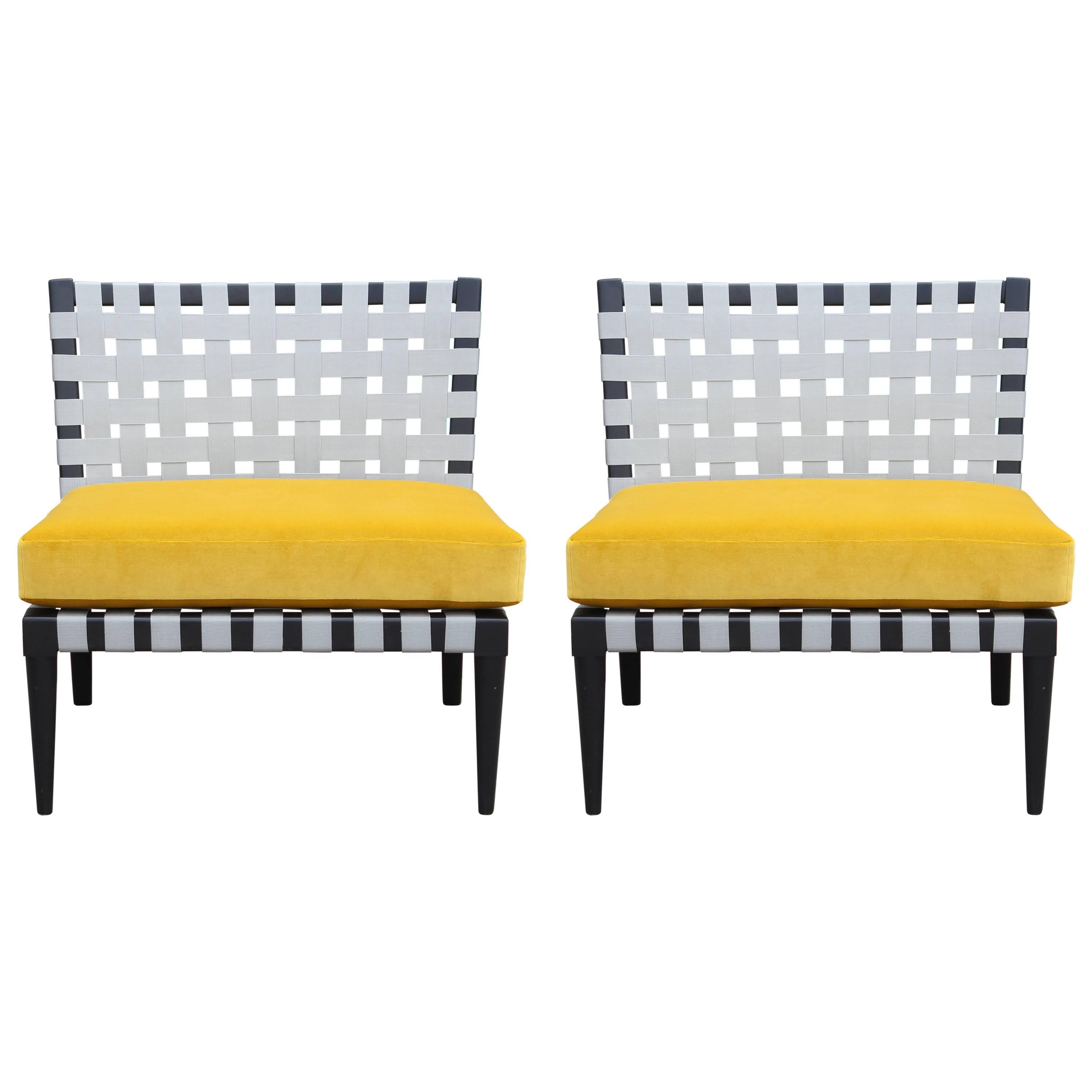 Pair of Modern Vincent Wolf Grey Strap Chairs in Yellow Velvet by Niedermaier