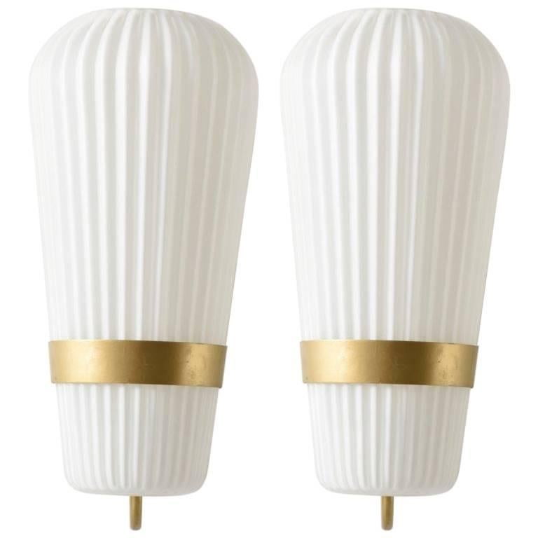 Pair of Large Opal Ribbed Glass Wall Lights/Sconces Designed by Philips, 1950s
