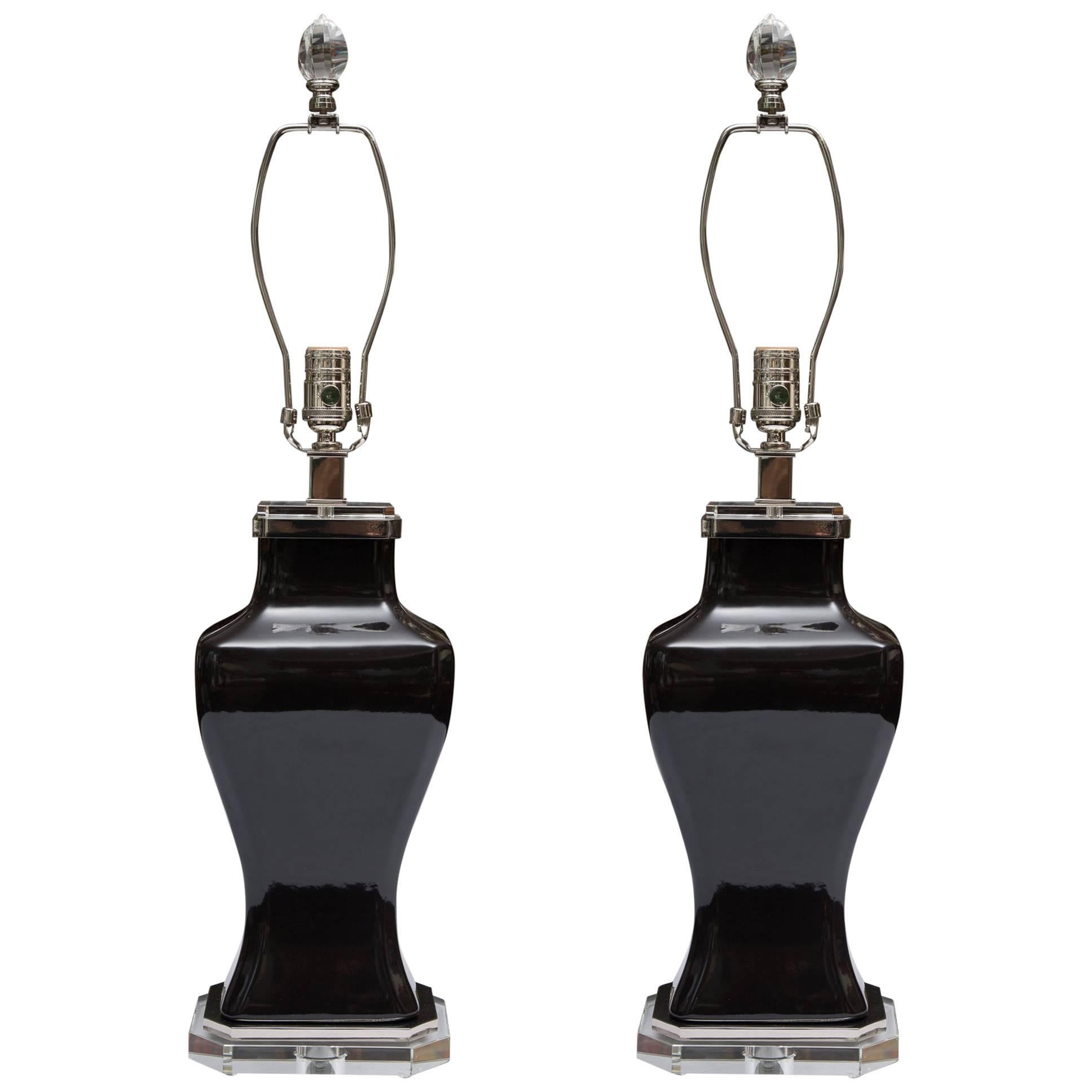 Pair of Contemporary Black Glazed and Lucite Lamps For Sale