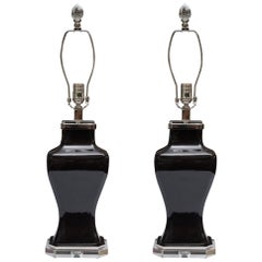 Pair of Contemporary Black Glazed and Lucite Lamps