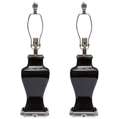 Pair of Contemporary Black Glazed and Lucite Lamps 1