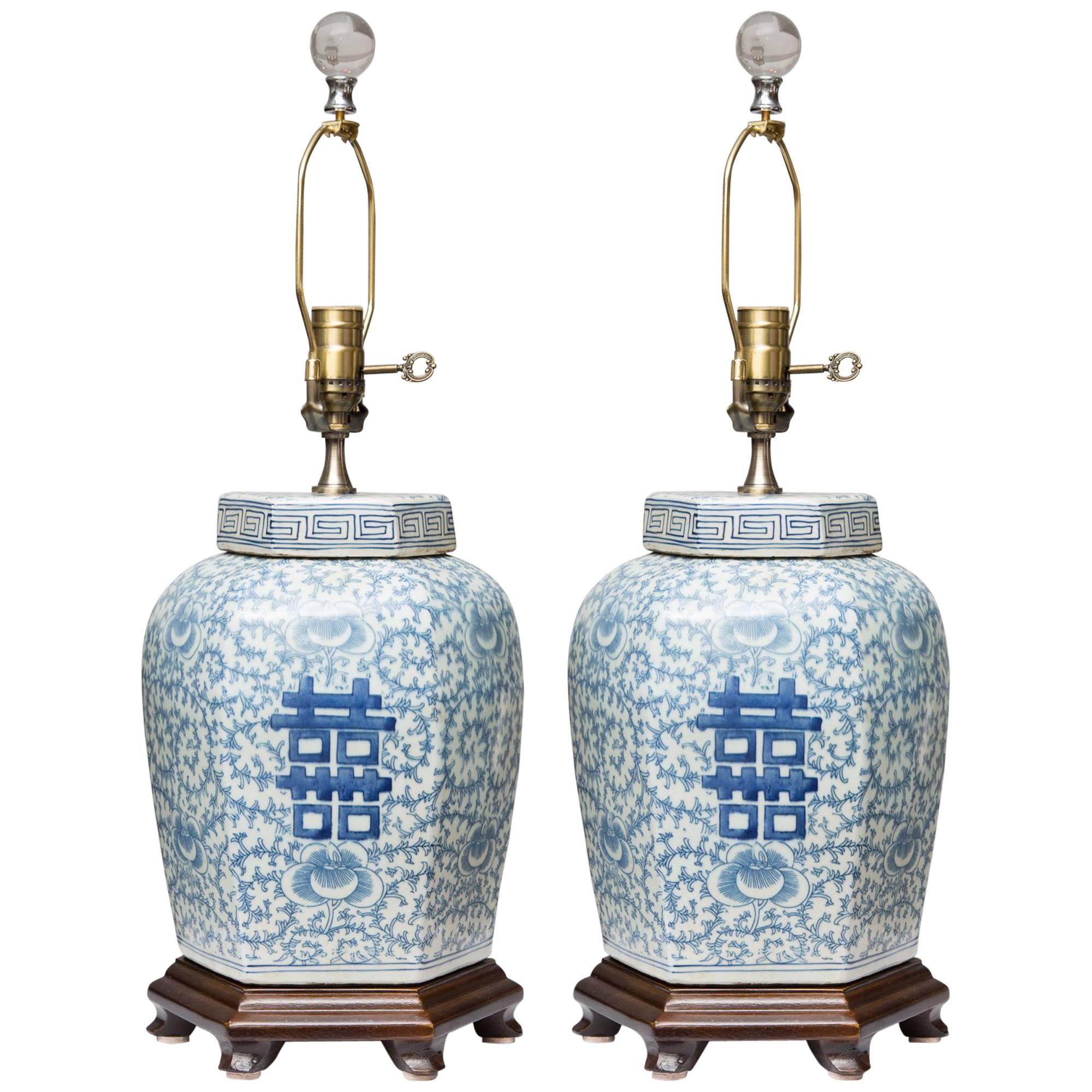 Pair of Hexagon Chinese Lidded Jars as Table Lamps