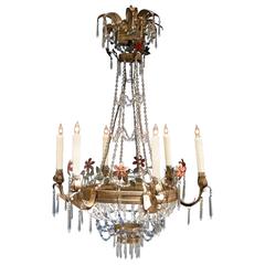 Antique Mid-19th Century Italian Empire Crystal Beaded and Floral Tole Chandelier