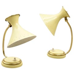 Pair of Adjustable Italian Brass, Yellow Desk, Night Lamps
