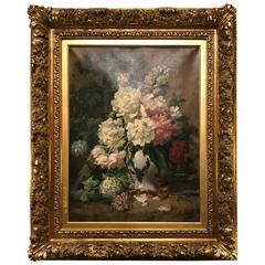19th Century Oil on Canvas of a Still-Life of Flowers in a White Vase Signed 12