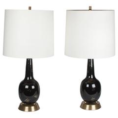 Black Glazed Ceramic Urn Form Table Lamps, American, 1960s 7