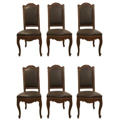Set of Six Louis XV Style Brown Leather Carved Side Chairs