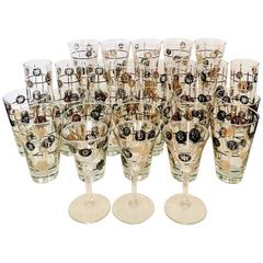 Vintage Mid-Century Modern Black & 22K Gold "Coins" Glass Drinks S/27