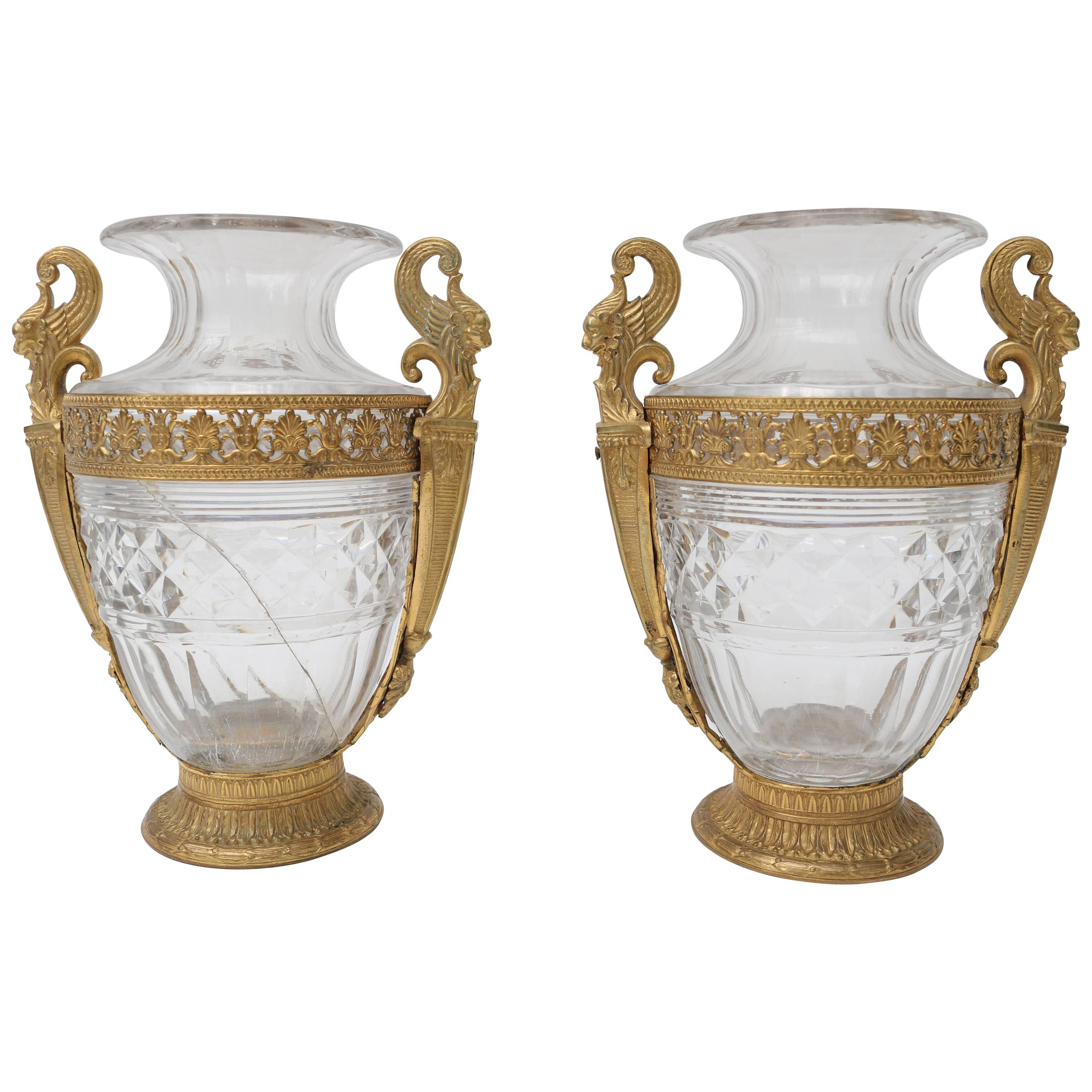  French Empire Style Bronze and Crystal Vases For Sale