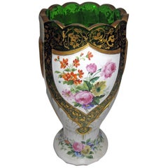 19th century Moser Green Bohemian Art Glass Overlay Vase with Roses