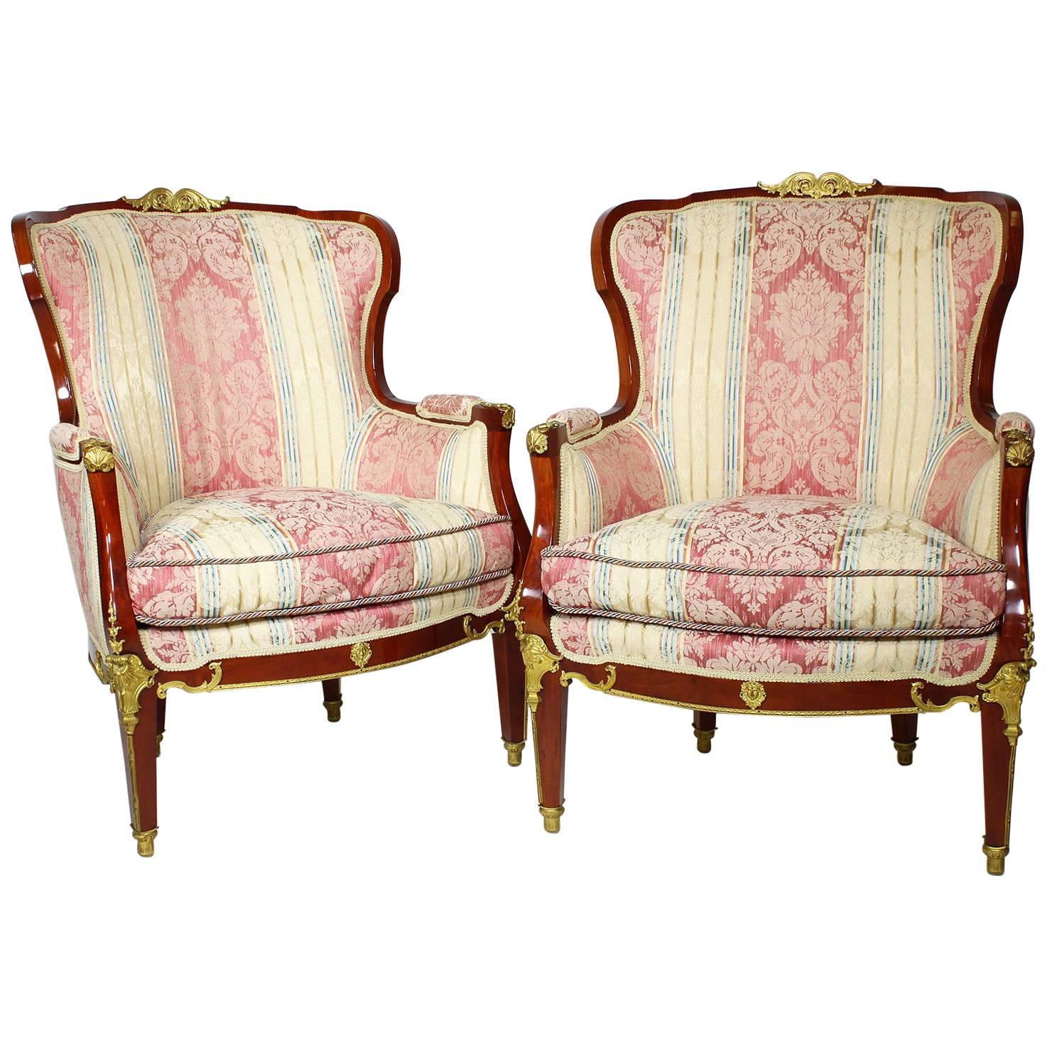 Pair of French Louis XVI Style Belle Époque Bergère Attributed to Jansen For Sale