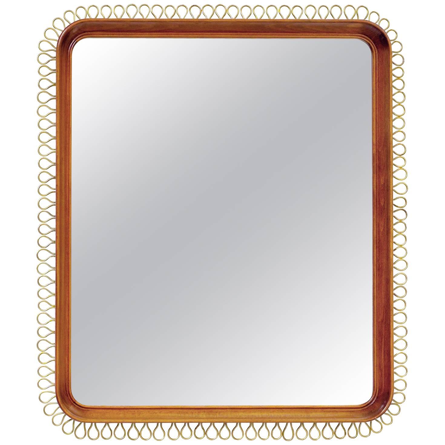 Scandinavian Modern Mahogany Mirror with Polished Brass Trim