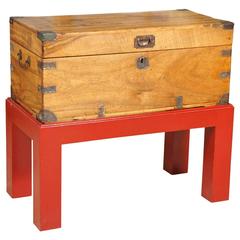 Anglo-Indian Teak Trunk on Red Lacquer Stand 1