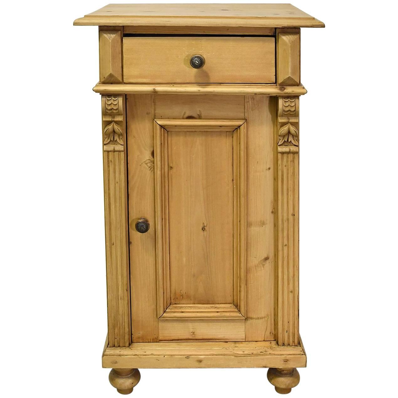 19th Century European Pine Nightstand with Carved Appliques and Fluted Pilasters