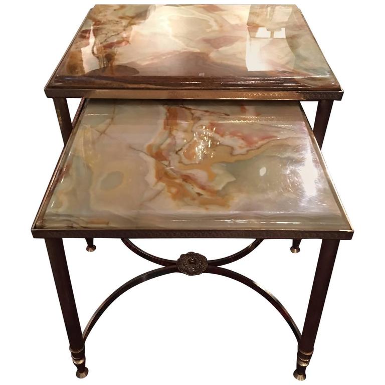 French Nest Of Two Br Tables With Marble Tops Mid 20th Century French Nest Of Two Br Tables With Marble Tops Mid 20th Century For