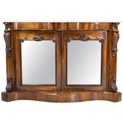 19th Century English Console Cabinet in Rosewood w/ Marble Top & Mirrored Panels
