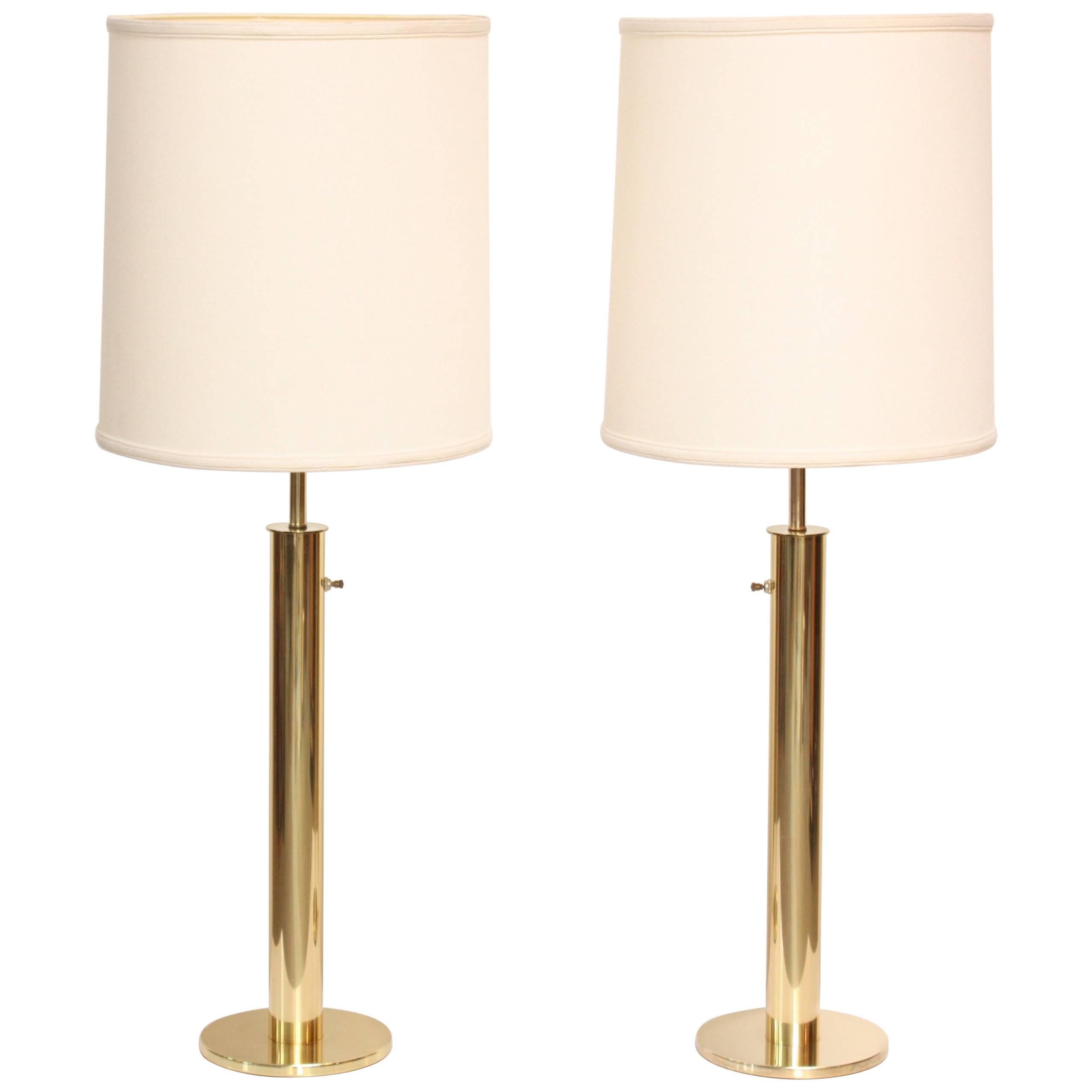 Pair of Slim Brass Cylindrical Laurel Table Lamps