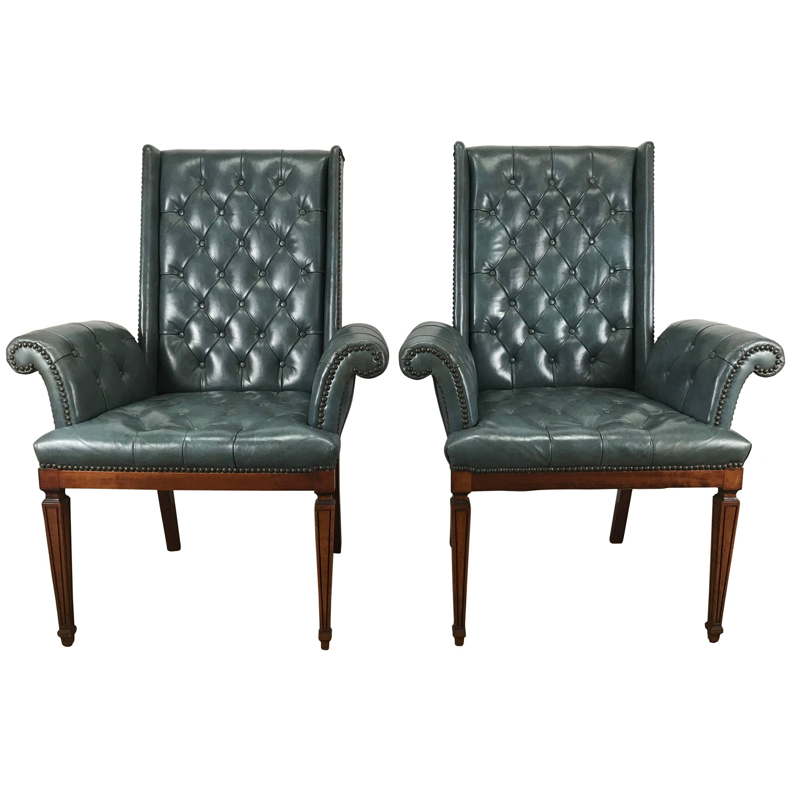 Stunning Blue Leather Button Tufted Regency Armchairs, Tommi Parzinger