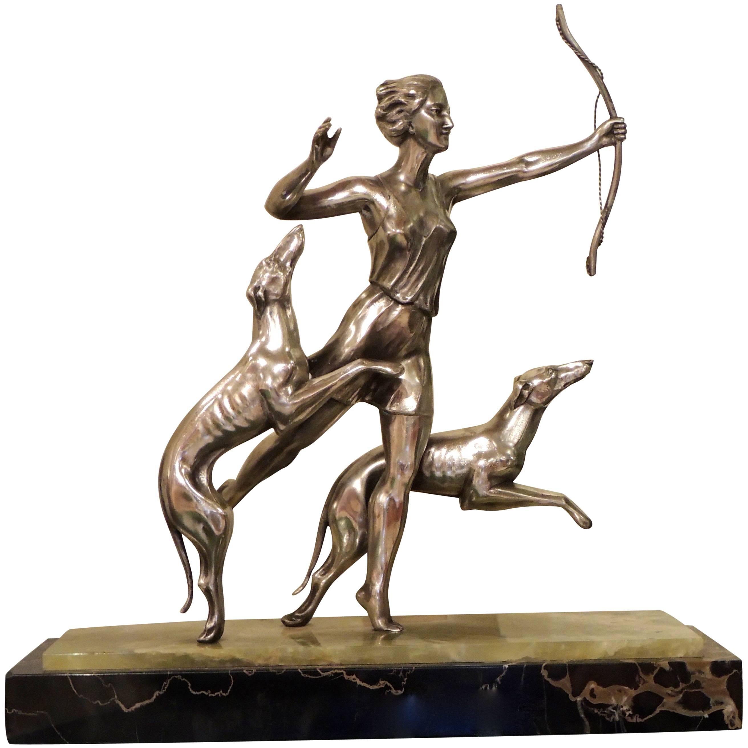 Art Deco Statue of Diana and Two Dogs in Silver