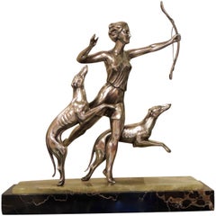 Vintage Art Deco Statue of Diana and Two Dogs in Silver