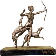 Art Deco Statue of Diana and Two Dogs in Silver 9