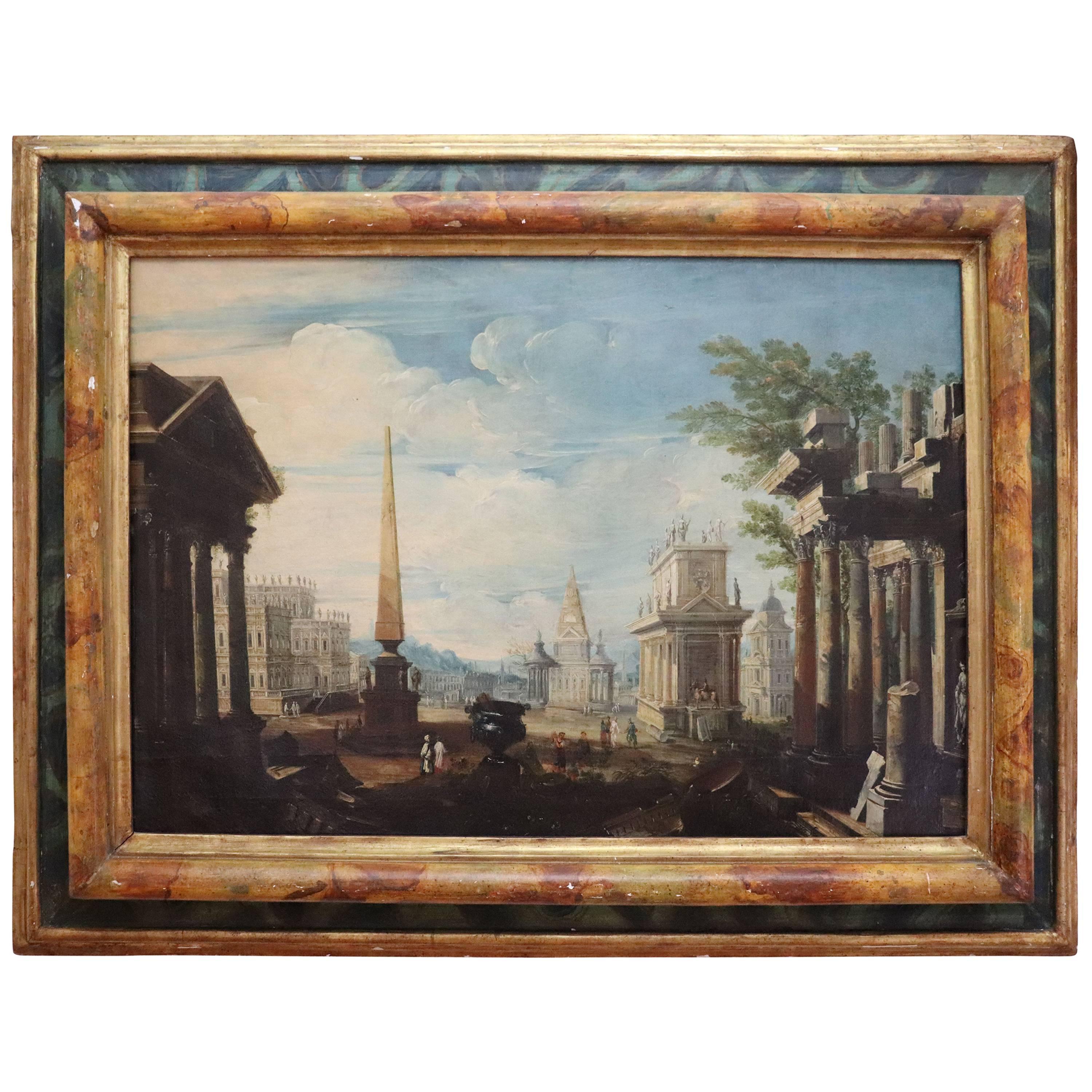 Italian Late 17th Century Capriccio Painting Original Canvas Orignal Frame