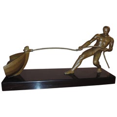 Art Deco Bronze Statue of Man Pulling Boat Sculpture