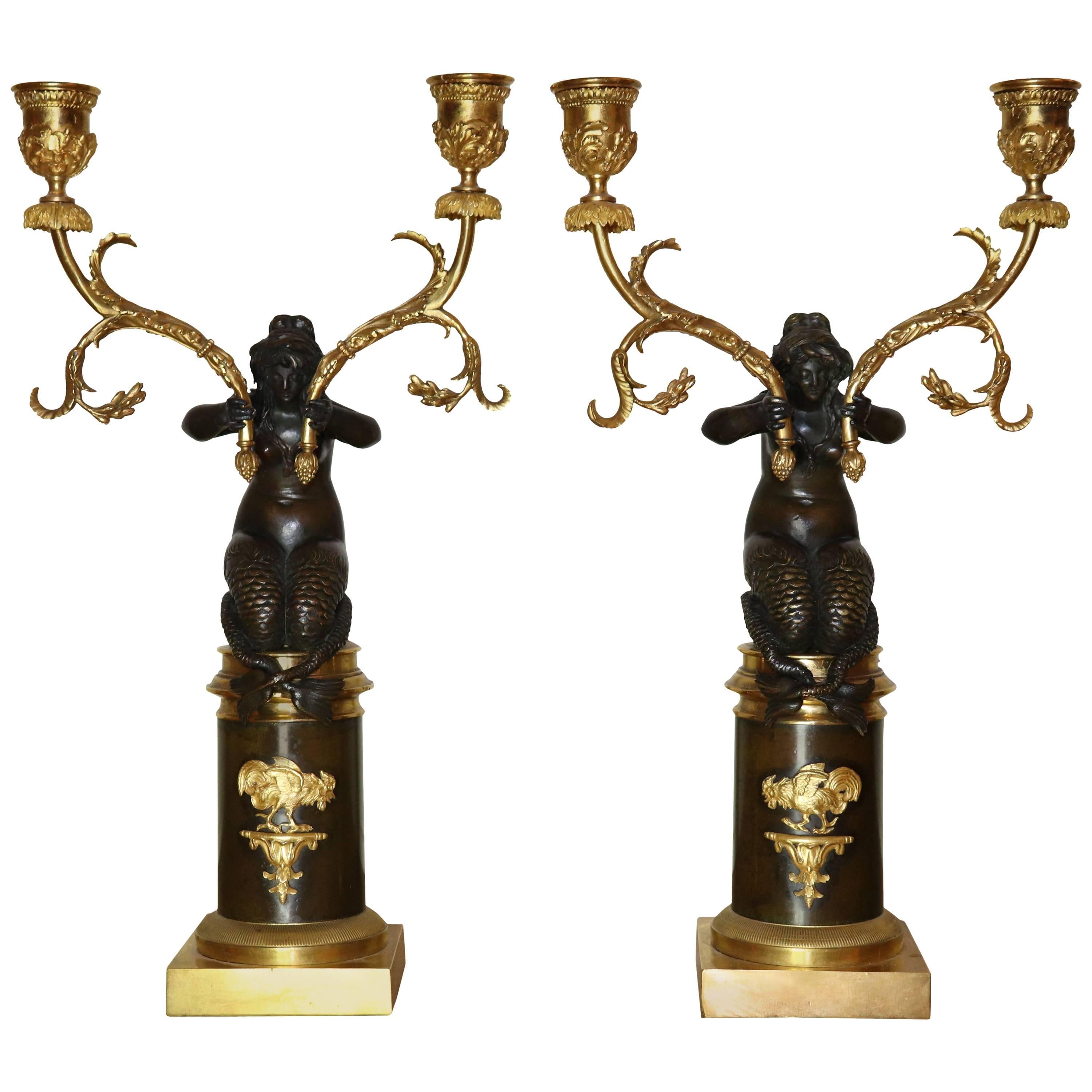 Pair of Early Empire Mermaid Candelabra Attributed to Claude Galle For Sale