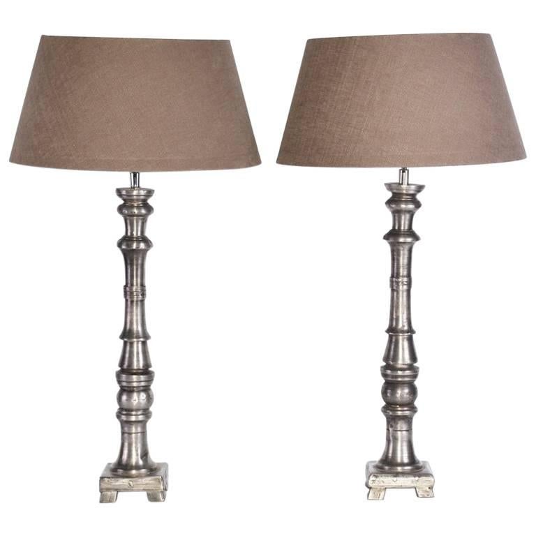 Pair of Slender Contemporary Metal Base Lamps For Sale