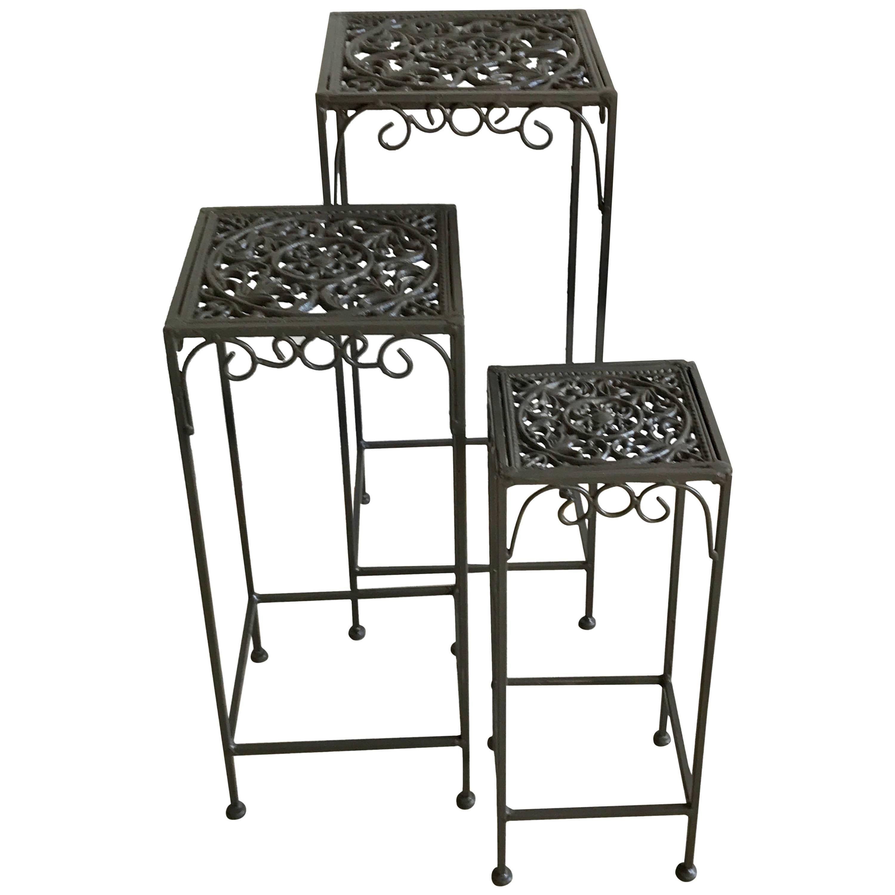 Decorative Regency Style Cast Iron Patio Garden Nesting Tables, 1960's
