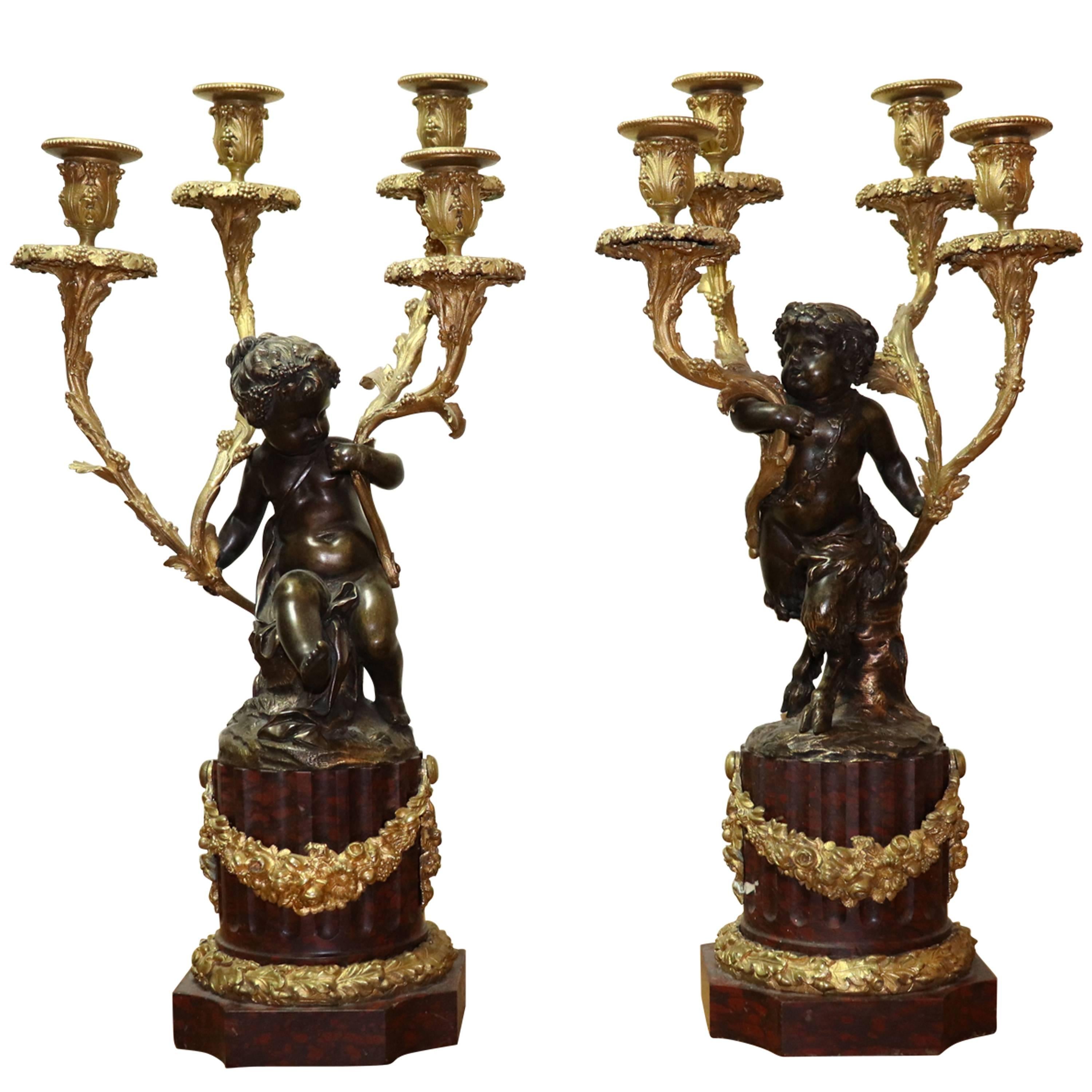 Pair of Louis XVI Gilt Bronze and Patinated Candelabra Attributed to J-L Prieur For Sale