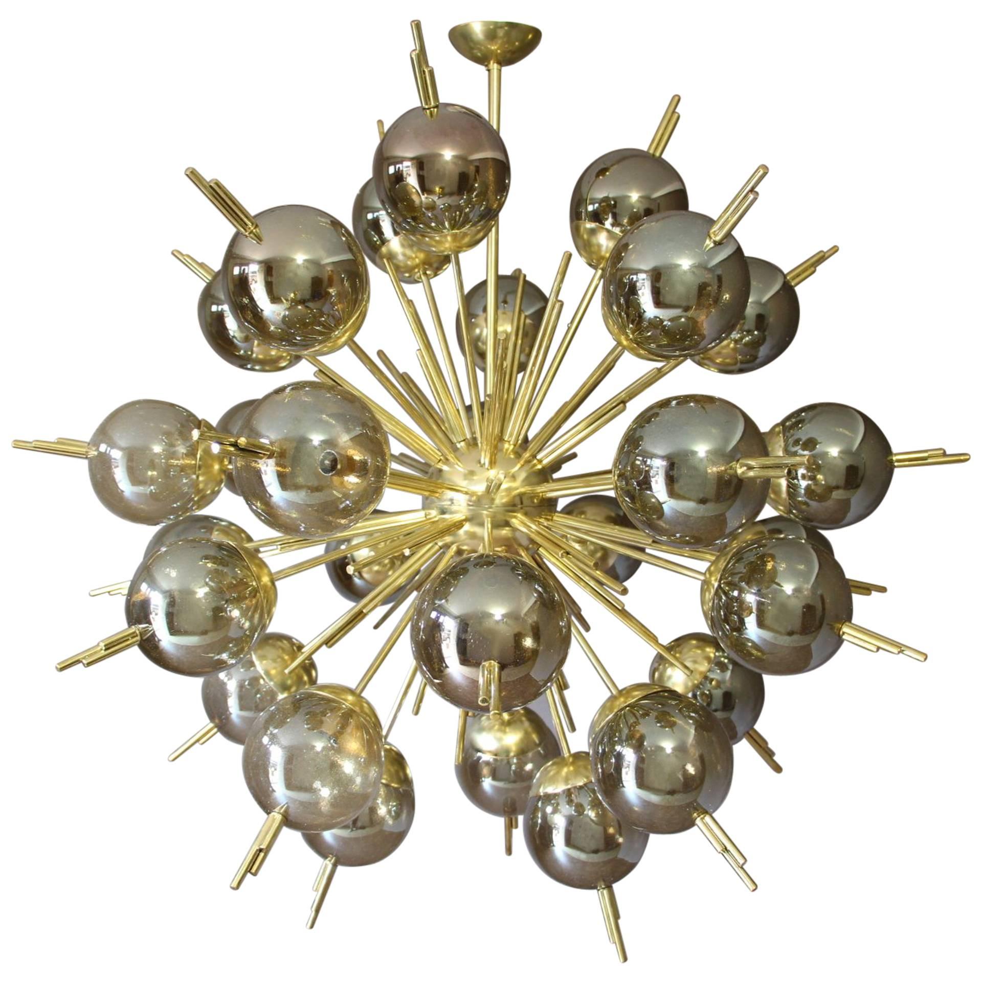 Brass, Golden and Mercury Murano Glass Globes Sputnik Chandelier