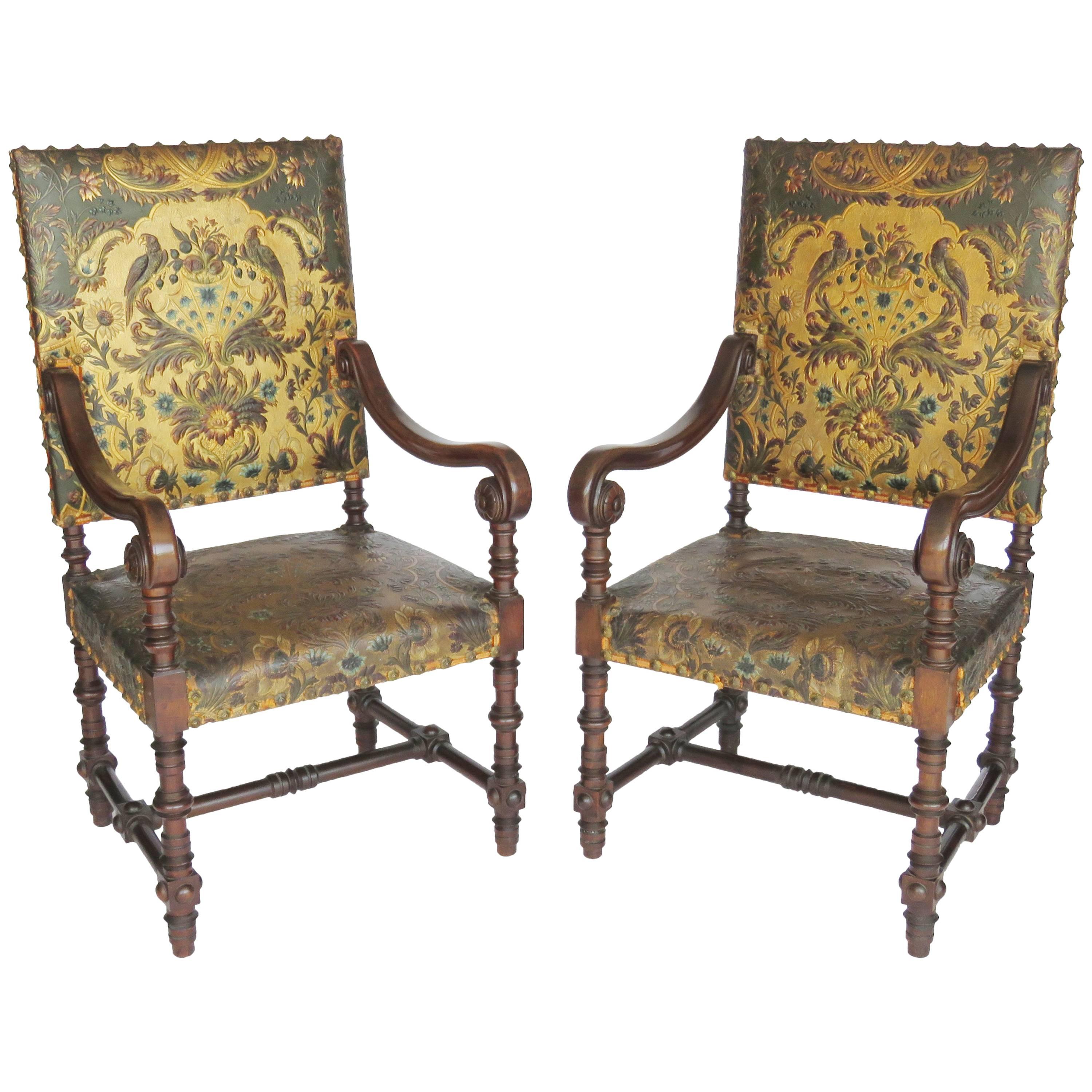 Pair of Louis XIV Style Walnut Tooled Leather Armchairs For Sale