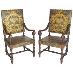 Pair of Louis XIV Style Walnut Tooled Leather Armchairs