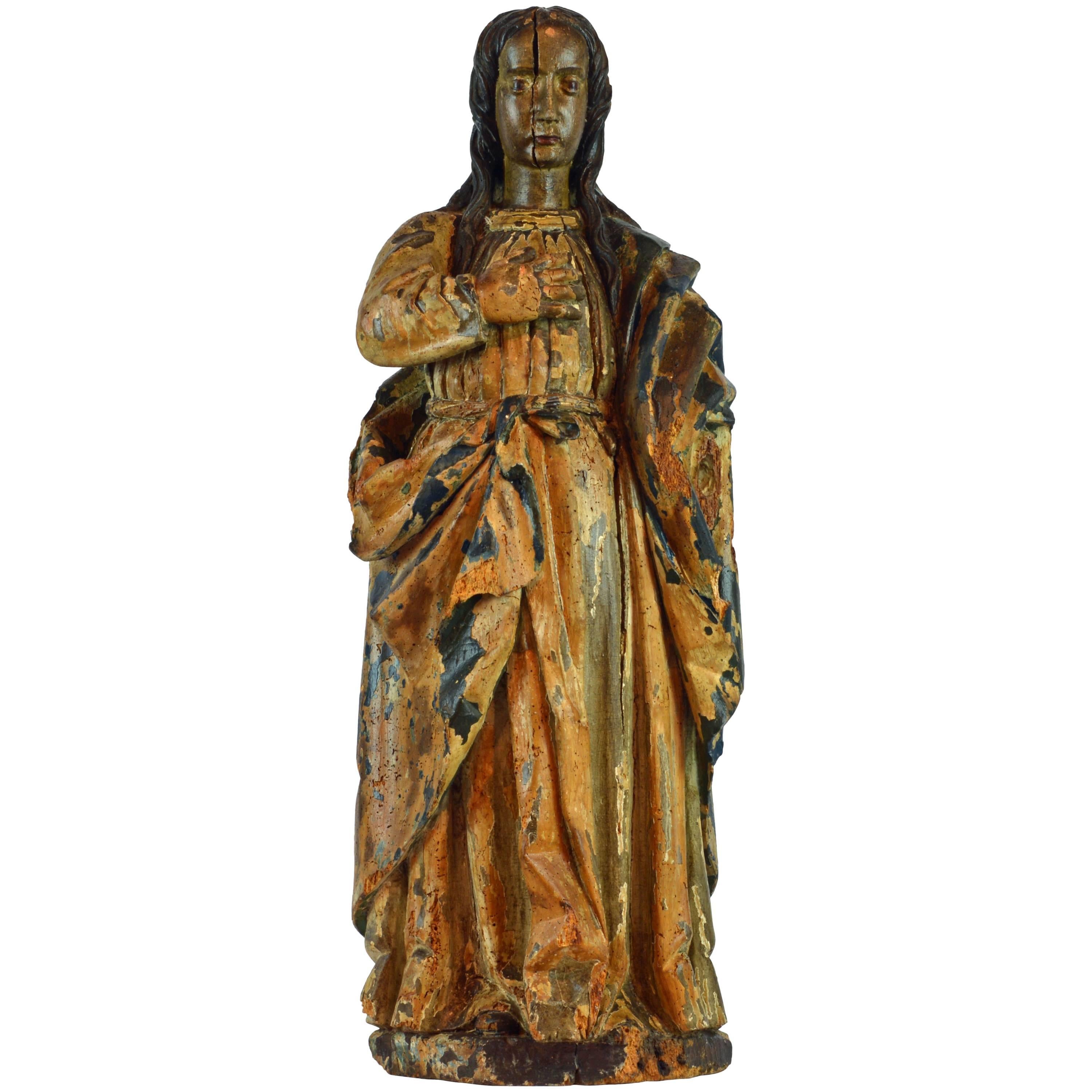 16th-17th Century Spanish Colonial Carved and Painted Statue of Mary Magdalene