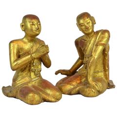 Two Late 19th Century Thai or Burmese Carved Giltwood Figures of Buddhist Monks