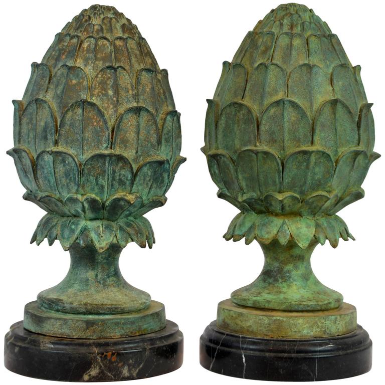 Pair of Verdigris Patinated Bronze Alloy Artichoke Finial Statues at