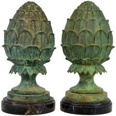 Pair of Verdigris Patinated Bronze Alloy Artichoke Finial Statues