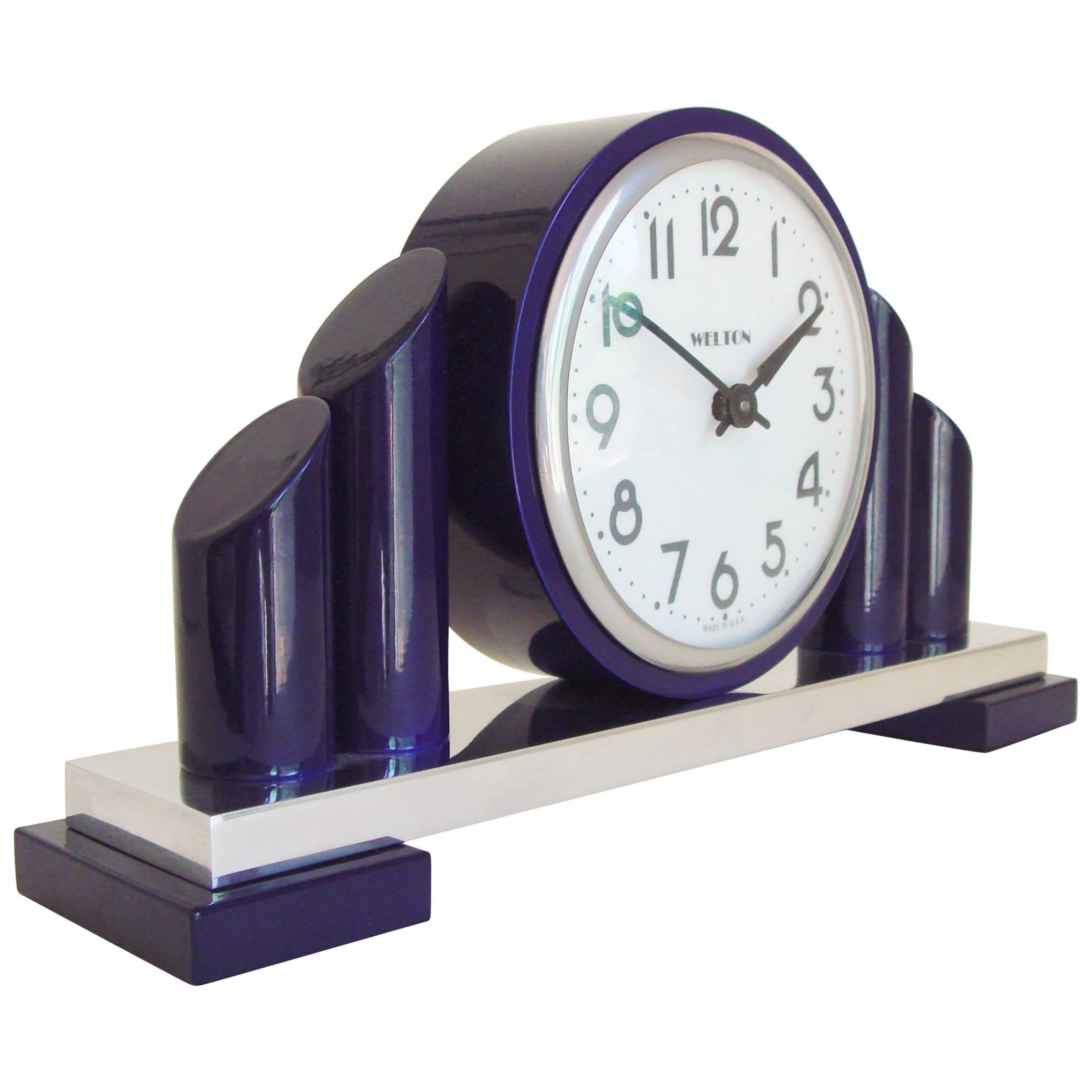 American Art Deco Revival Chrome & Blue Enamel Mechanical Mantel Clock by Welton For Sale