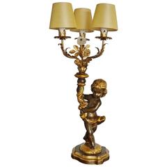 Antique Late 19th Century Carved Polychromed Cherub Candelabra Table Lamp