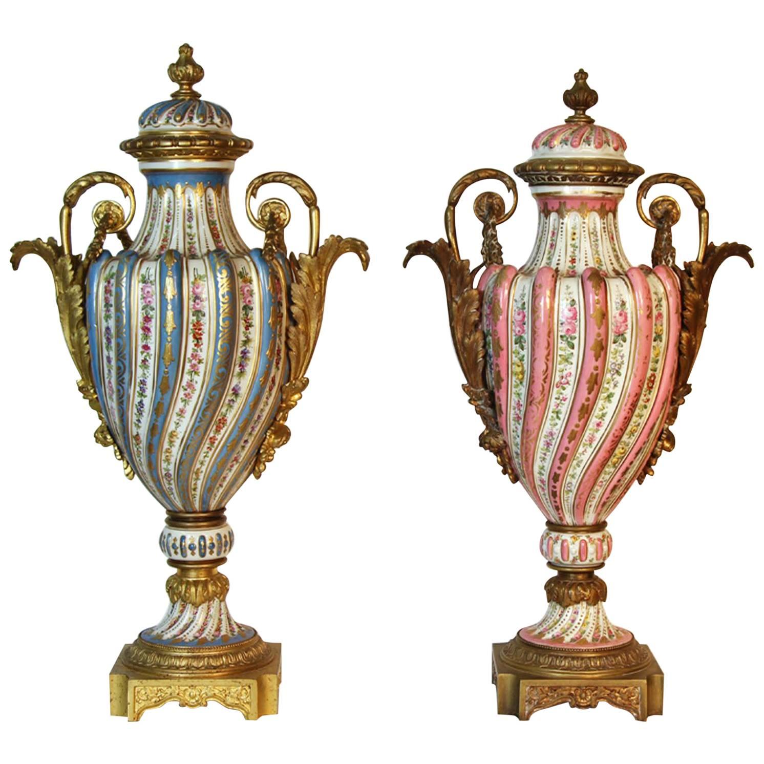 19th Century French Sevres Swirl Urns Pink and Celeste Blue For Sale