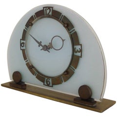 English Art Deco Brass and Beveled Glass Mechanical Demilune Clock by Smiths