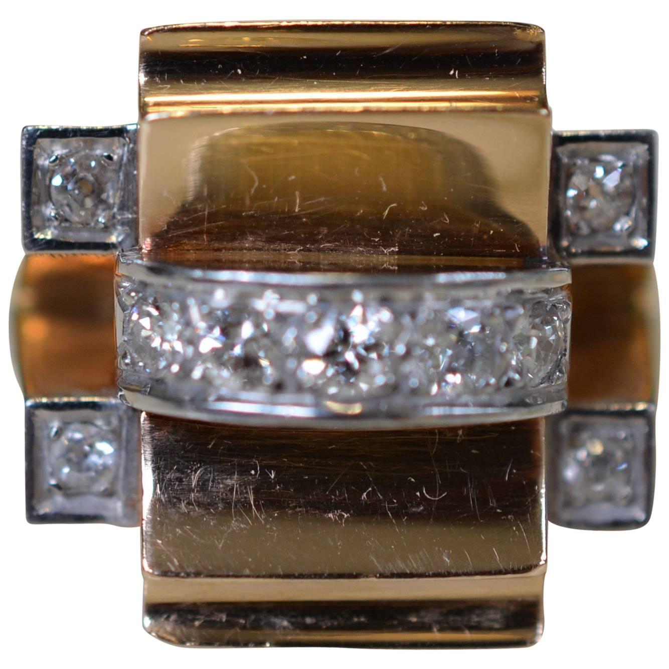 Tank Ring Yellow Gold 18-Karat Platinum Diamonds, Art Deco, 1940 For Sale