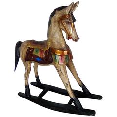 French Vintage Hand-Carved Wood an Hand-Painted Rocking Horse, circa 1960