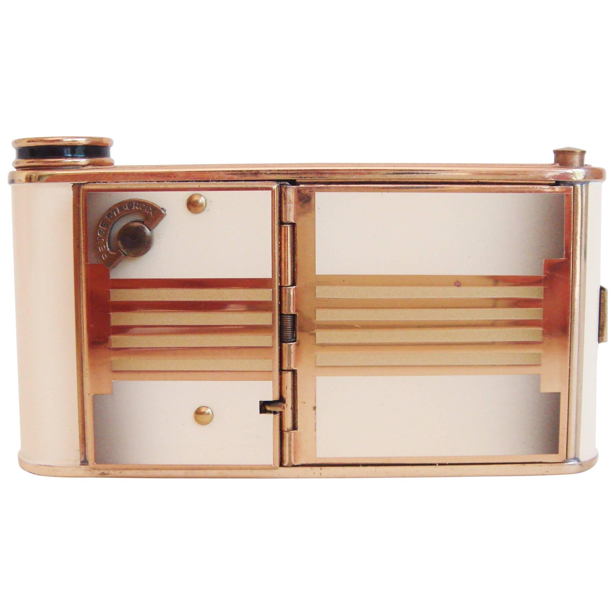 German Art Deco Brass and Enamel Combination Musical Compact & Cigarette Case