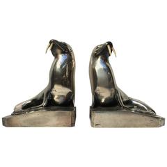 Art Déco G. H. Laurent Silver Bronze Pair of Seals with Ivory Tusks Bookends